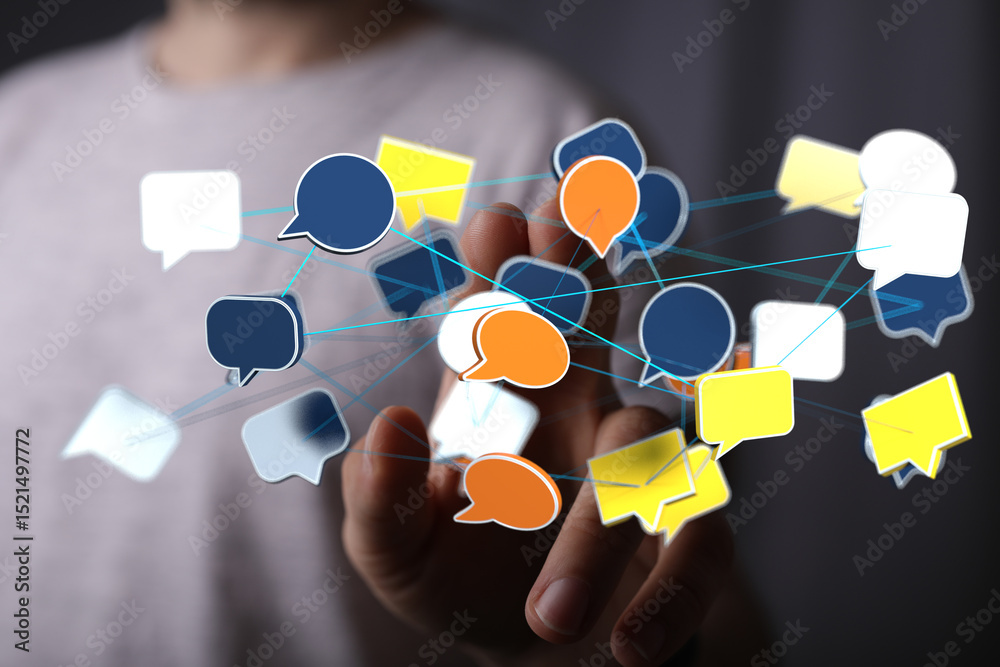 Fototapete Abstract image of interconnected speech bubbles, representing global communication and networking.