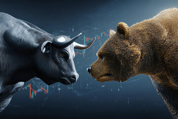 Bull and bear face off in modern financial illustration highlighting market dynamics and stock trends