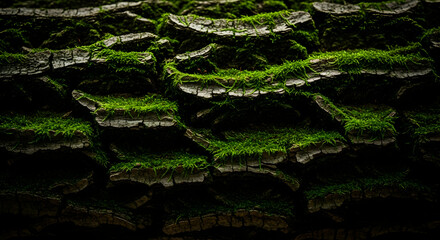 Green Moss Adhering to Textured Tree Bark on a Woodland Floor