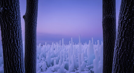 Frozen Landscape Through Winter Trees With Magical Blue Hour Atmosphere