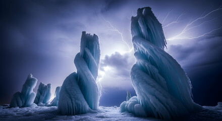 Icy Towers Underneath A Stormy Sky With The Lightning Strikes