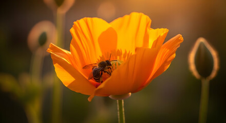 Golden Poppy With Bee Collecting Nectar During Warm Sunny Day