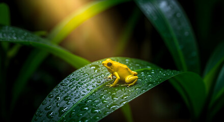 Vibrant Yellow Frog Sits Comfortably on a Dewy Green Leaf in the Rainforest