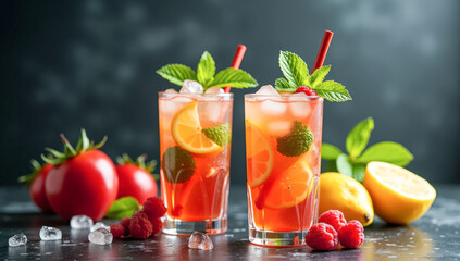 Fototapeta premium fruit mojito juice with ice on a black background