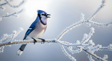 A Blue Jay Sits On The Frosty Branch With An Open Beak