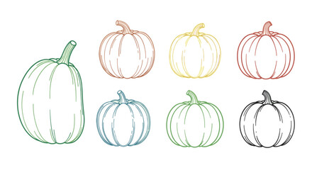 Illustration of Various Colorful Pumpkins in Different Sizes Depicting Autumn Harvest Theme