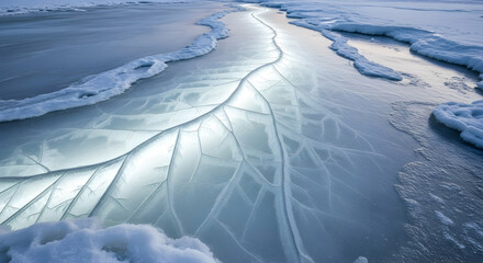 Fractured Ice Creates Striking Patterns Across a Frozen Landscape in Winter