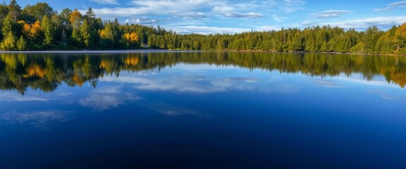 Still, glassy Muskoka lake reflecting trees, calm surface,  photography, still