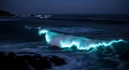 Bioluminescent Waves Crash Against a Rocky Coastline at Night
