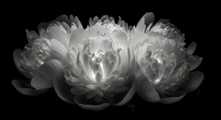 Ethereal Peonies Bloom In Monochrome Contrast Against A Deep Black Backdrop