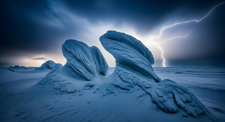 Frozen Peaks Under Striking Lightning During a Winter Stormy Night