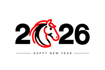 Happy New Year 2026. Red fire horse symbol of the new year 2026 according to the Chinese calendar. Vector new year design for a postcard or poster