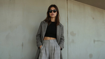 Stylish Woman in Grey Plaid Coat & Sunglasses Posing Against Concrete Wall, Urban Fashion Editorial