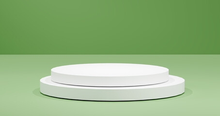 White round podium stands on a light green background, bathed in soft, diffused lighting. Modern product display platform for showcasing cosmetics to tech, emphasizing simplicity in presentations.