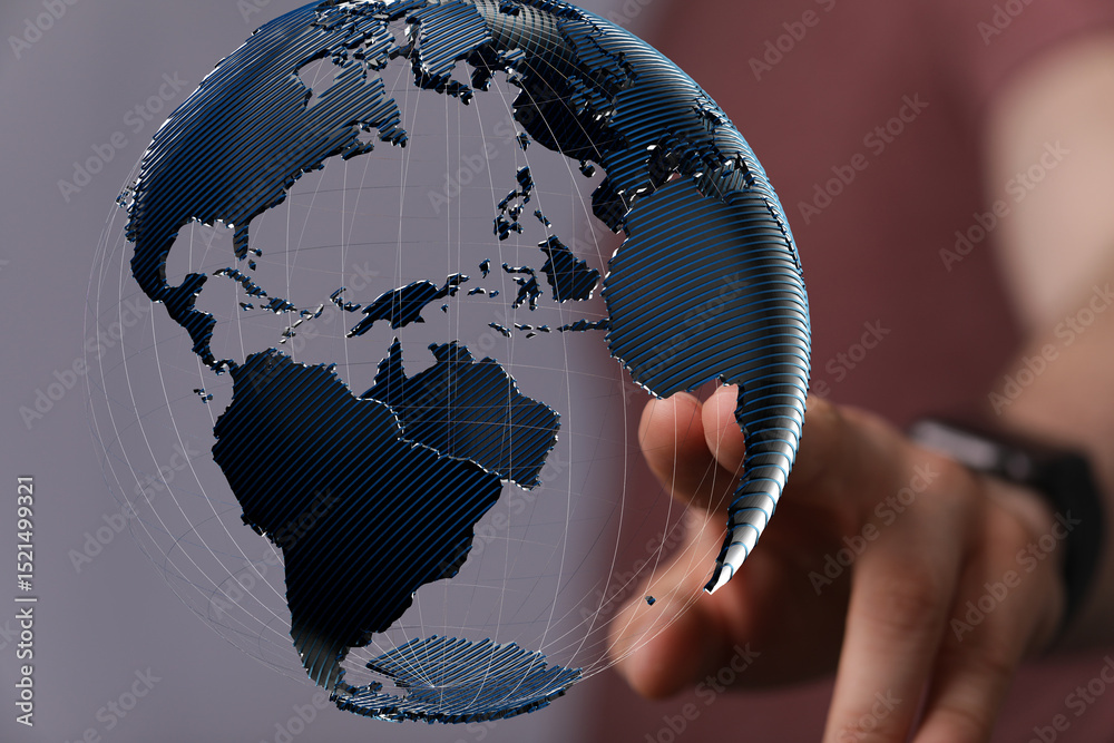 Poster high-quality stock photo of a hand interacting with a 3d model of the earth, symbolizing global conn