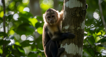 Naklejka premium Capuchin Monkey Ascending Tree Trunk In Natural Tropical Habitat