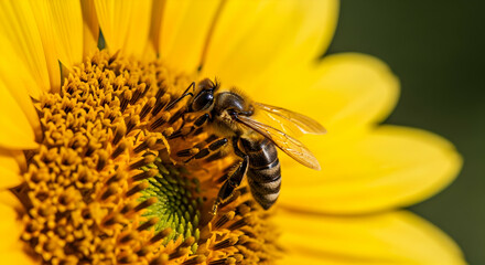 European Honey Bee Pollinating a Vibrant Yellow Sunflower Head