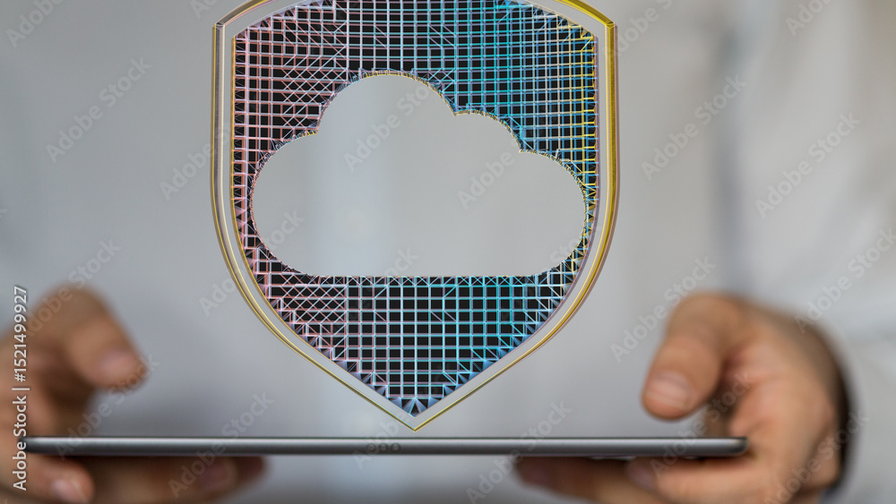 Poster safeguard your cloud data. image depicts a protective shield icon over a cloud symbol on a tablet.