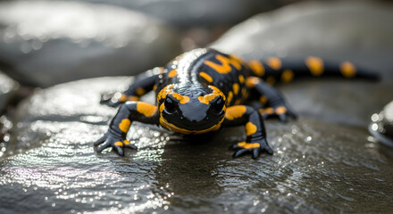 A Spotted Salamander Resting on a Wet Rock Near Clear Water