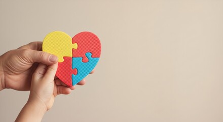 An adult's hand and a kid's hand holding a colorful heart-shaped jigsaw puzzle. Autism spectrum disorder awareness concept. Autism acceptance.