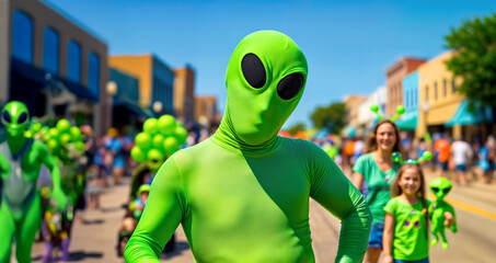 Person Wearing Funny Green Alien Suit Outdoors at Festive Ufo Day Celebration Parade, Aliens Themed  Festival  with Celebrating  People in Background 