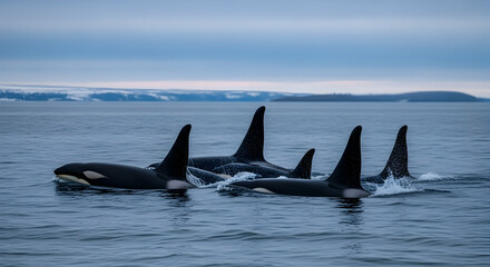 Fototapeta premium Family Of Orcas Swimming Freely In The Ocean With A Snowy Mountain