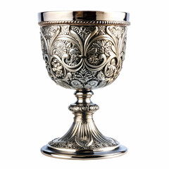 Ornate silver chalice detailed with floral engravings on a white background studio shot