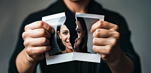 Photograph of Woman being Torn in Two by Man in Background, Hands of Person Tearing Printed Photo Apart 