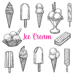Hand-drawn illustrations of various ice cream types including cones, popsicles, sundaes, and desserts, showcasing delightful frozen treats in a playful and artistic style. Line art style. Engraving