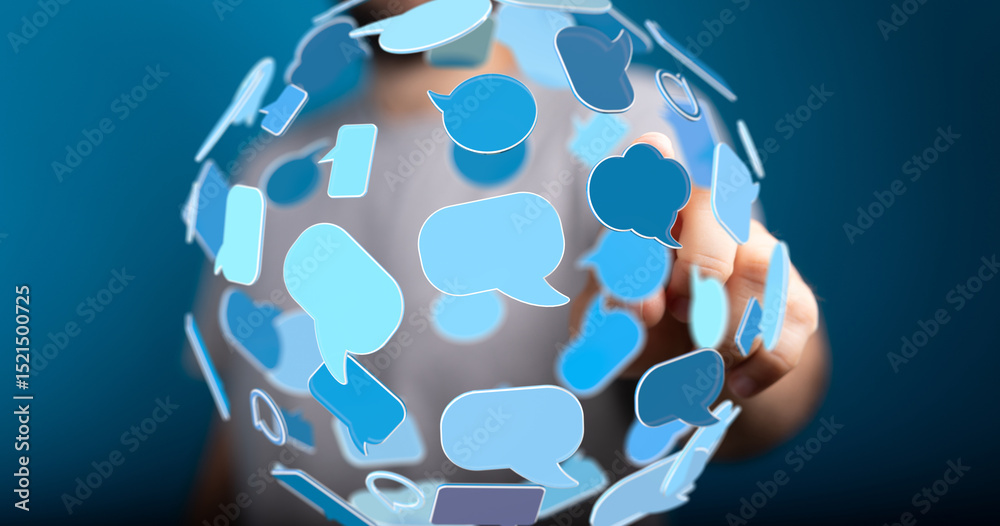 Poster hand interacts with a digital sphere of communication bubbles, representing global networking and on
