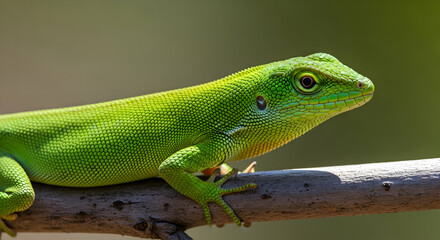 Fototapeta premium Emerald Glimpse Green Anole Lizard Perched Gracefully On A Tree Branch