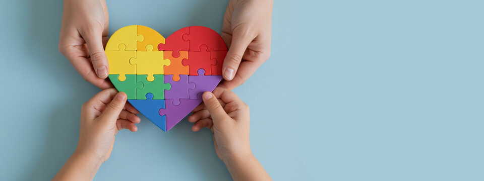 Woman and kid completing a heart puzzle together. World Autism Awareness Day and autism spectrum disorder concept.