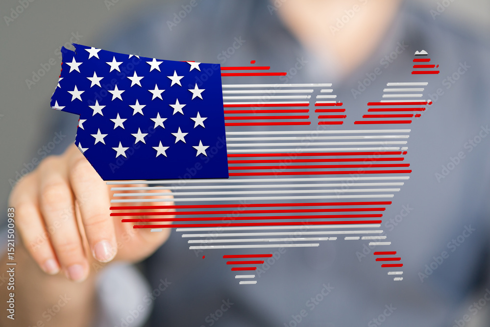 Poster hand pointing at a digital map of the united states designed with the american flag.
