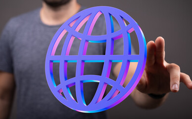 A man interacts with a vibrant 3D globe, symbolizing global connectivity and networking.