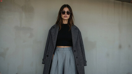 Stylish Woman in Grey Plaid Coat & Sunglasses Posing Against Concrete Wall, Urban Fashion Editorial