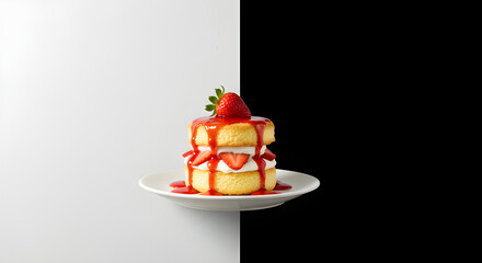 Delicious sweet dessert with fresh red strawberries, fruit, and chocolate cake slices on a plate