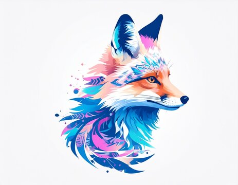 Raposa ruiva, lobo, art&iacute;stico, tribal, animal, m&iacute;stico, selvagem, floresta, criativo, surrealismo, pintura, azul, rosa, ilustra&ccedil;&atilde;o, arte, expressivo, impactante, personagem, tinta, beleza, estampa