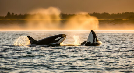 Fototapeta premium Orcas Breaching Surface At Dawn Majestic Marine Mammals Displaying Behavior
