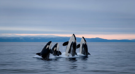 Orcas Breaching the Surface in a Stunning Aquatic Display at Dusk