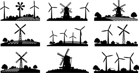 Obraz premium Windmill silhouette standing tall with its blades rotating, set against simple farm landscape. Clipart image isolated on white background 