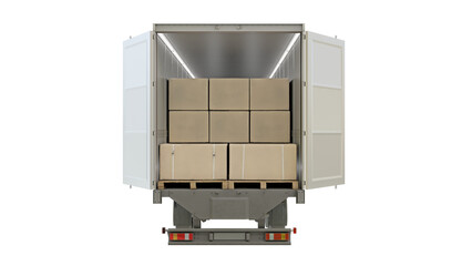 Back view of a container truck loaded with box parcel goods. Isolated on transparent background. 3D illustration.