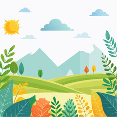 Obraz premium Vector illustration in trendy flat simple style - spring and summer background with copy space for text - landscape with plants, leaves, flowers - background for banner, greeting card, poster .