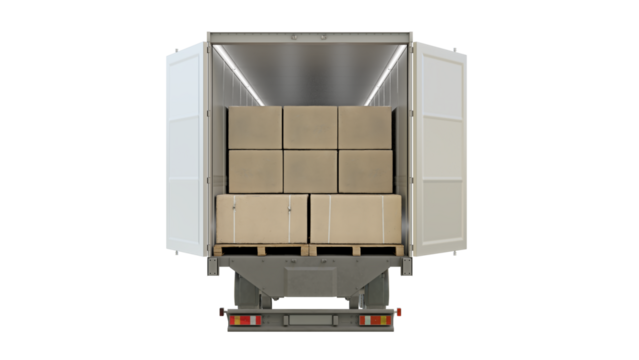 Back view of a container truck loaded with box parcel goods. Isolated on transparent background. 3D illustration.