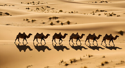Camels Crossing Sandy Sahara Desert Landscape With Reflections on Dunes