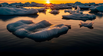 Golden Hour Glacial Lagoon Scenery With Icebergs At Dusk