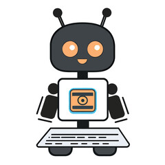 Naklejka premium Cute friendly robot character with antenna eyes and smiling face holding keyboard digital technology and artificial intelligence concept illustration