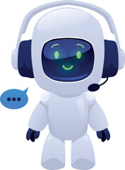 Chatbot robot with headphones and microphone smiling and speaking, vector flat Artificial intelligence support service