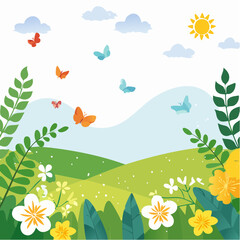 Vector illustration in trendy flat simple style - spring and summer background with copy space for text - landscape with plants, leaves, flowers - background for banner, greeting card, poster .