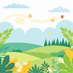 Obraz premium Vector illustration in trendy flat simple style - spring and summer background with copy space for text - landscape with plants, leaves, flowers - background for banner, greeting card, poster .