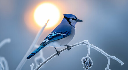 Blue Jay Perched On Frosty Branch Against Winter Sunrise Background
